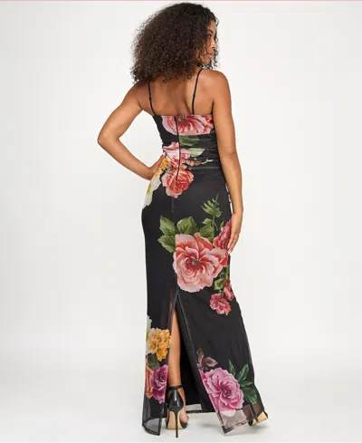 Emerald Sundae Juniors' Cowl Neck Floral Mesh Sleeveless Gown In Black