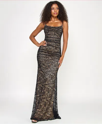 Emerald Sundae Juniors' Sleeveless Lace Corset Back Gown In Gray