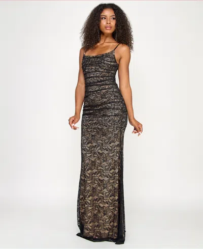 Emerald Sundae Juniors' Sleeveless Lace Corset Back Gown In Gray