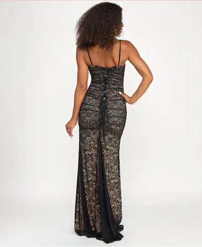 Emerald Sundae Juniors' Sleeveless Lace Corset Back Gown In Gray