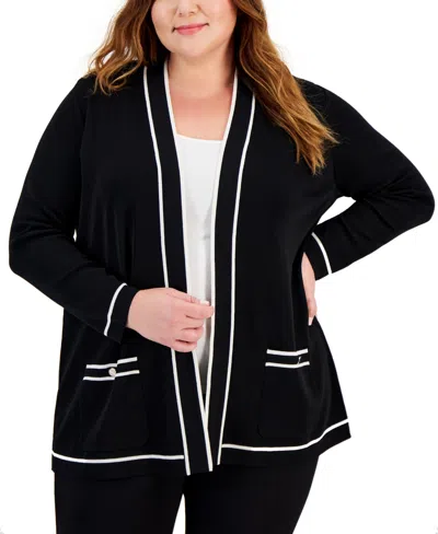 Anne Klein Plus Size Malibu Contrast-trim Open-front Cardigan In Black