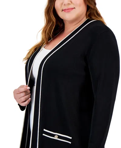 Anne Klein Plus Size Malibu Contrast-trim Open-front Cardigan In Black
