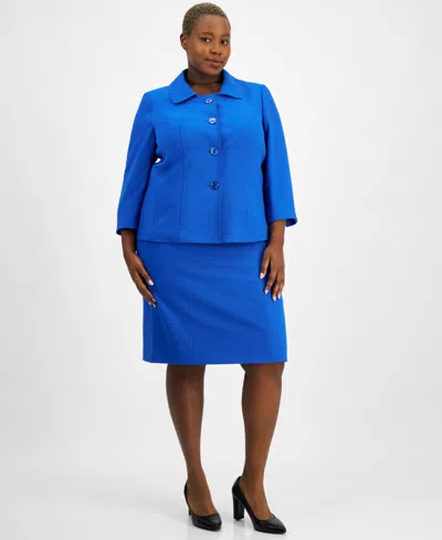 Le Suit Plus Size Button-front Boxy Jacket & Sheath Dress Set In Blue