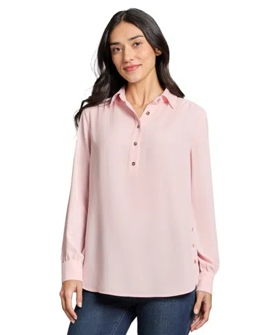 Jones New York Long Sleeve Shirttail Side Button Popover Tunic In Pink