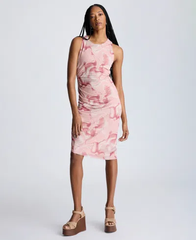 Kenneth Cole Ruched Mesh Midi Dress In Pink