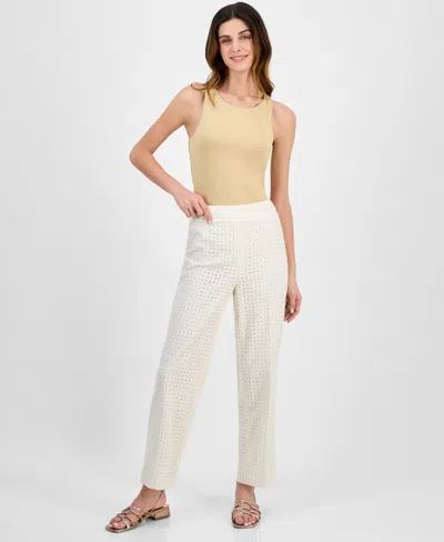 Anne Klein Petite High-rise Cotton Eyelet Pants In White