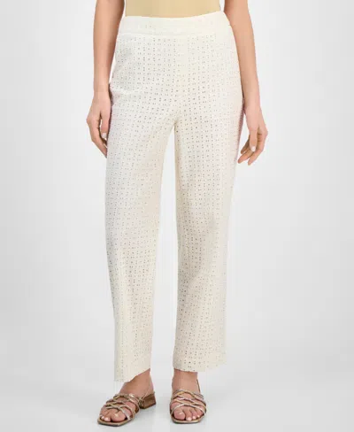 Anne Klein Petite High-rise Cotton Eyelet Pants In White