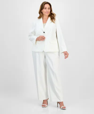 Le Suit Plus Size Crepe Two-button Jacket & Pull-on Pantsuit Set In White