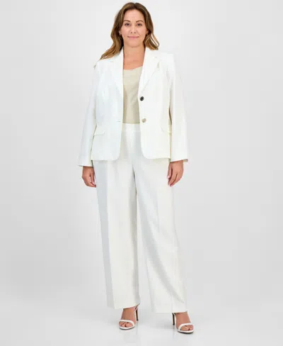 Le Suit Plus Size Crepe Two-button Jacket & Pull-on Pantsuit Set In White