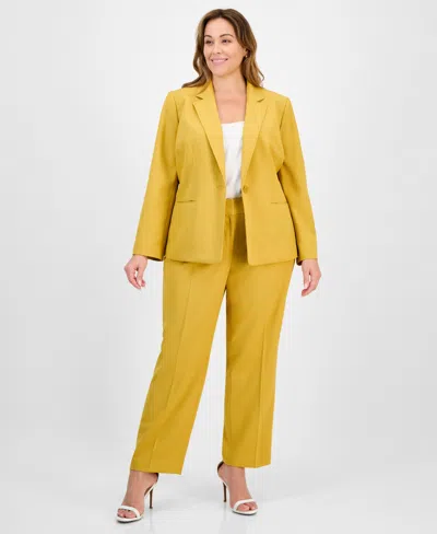 Le Suit Plus Size Crepe One-button Straight-leg Pantsuit Set In Yellow