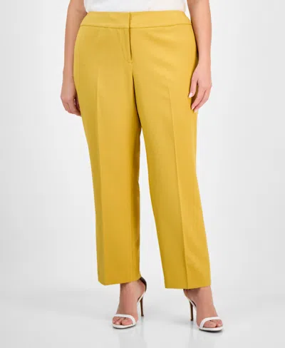 Le Suit Plus Size Crepe One-button Straight-leg Pantsuit Set In Yellow