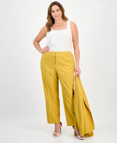 Le Suit Plus Size Crepe One-button Straight-leg Pantsuit Set In Yellow