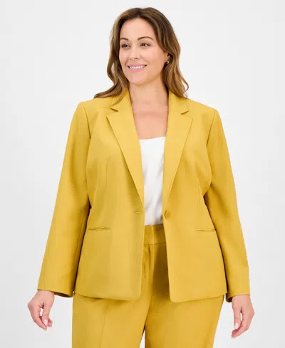 Le Suit Plus Size Crepe One-button Straight-leg Pantsuit Set In Yellow