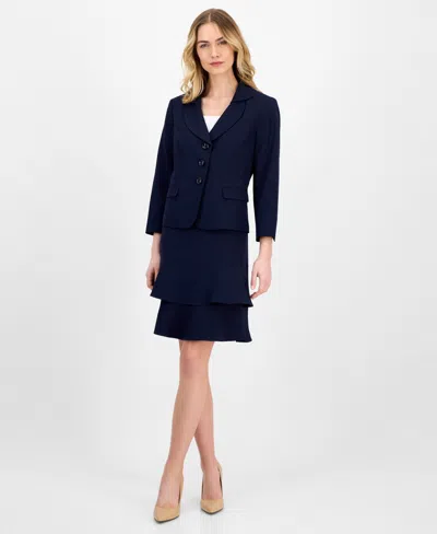 Le Suit Women's Tulip Collar Jacket & Tiered Skirt Suit Set, Regular & Petite In Blue