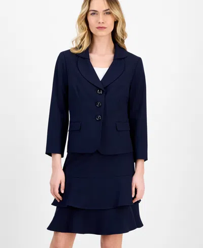 Le Suit Women's Tulip Collar Jacket & Tiered Skirt Suit Set, Regular & Petite In Blue