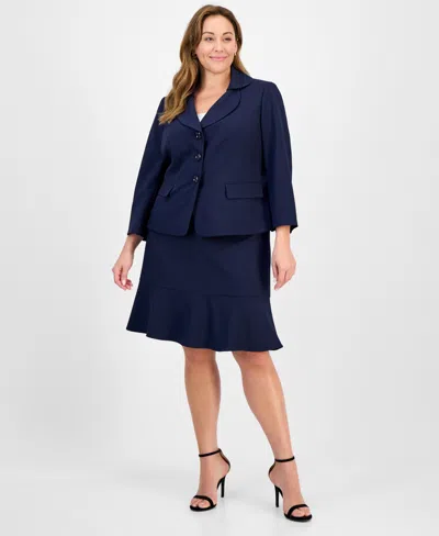 Le Suit Plus Size Tulip Collar Jacket & Tiered Skirt Suit Set In Blue