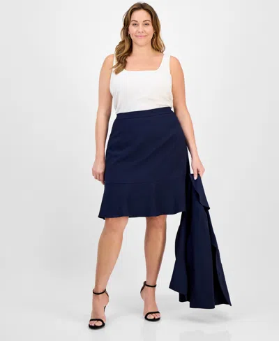 Le Suit Plus Size Tulip Collar Jacket & Tiered Skirt Suit Set In Blue