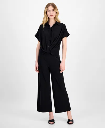 Anne Klein Petite Extended Shoulder Twist-front Blouse In Black