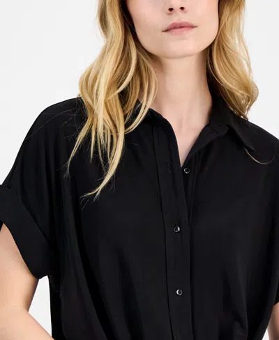Anne Klein Petite Extended Shoulder Twist-front Blouse In Black