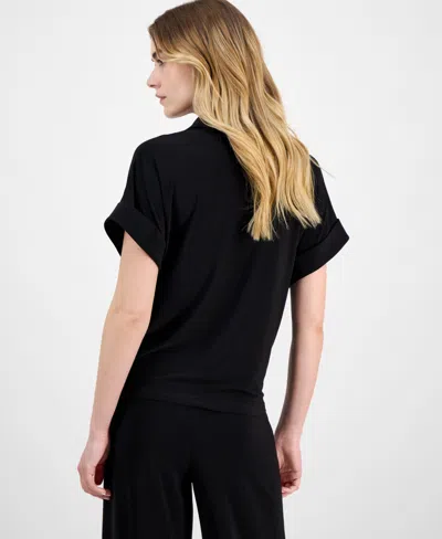 Anne Klein Petite Extended Shoulder Twist-front Blouse In Black