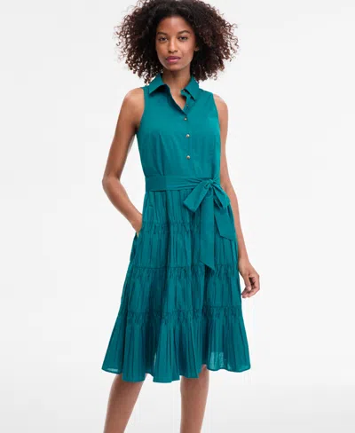 Anne Klein Petite Cotton Belted Pleated Tiered Shirtdress In Green