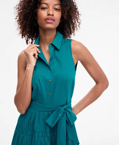 Anne Klein Petite Cotton Belted Pleated Tiered Shirtdress In Green