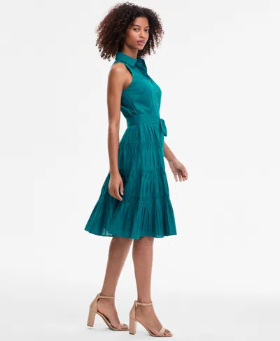 Anne Klein Petite Cotton Belted Pleated Tiered Shirtdress In Green