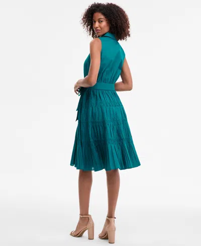 Anne Klein Petite Cotton Belted Pleated Tiered Shirtdress In Green