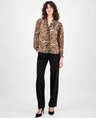 Anne Klein Petite Animal-print Blouse In Brown