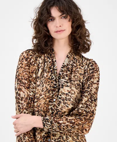 Anne Klein Petite Animal-print Blouse In Brown