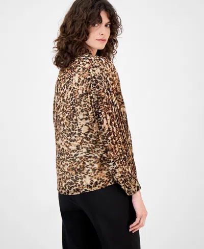 Anne Klein Petite Animal-print Blouse In Brown