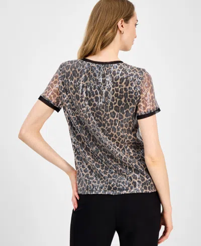 Anne Klein Petite Sequin Printed Short-sleeve Mesh Top In Black