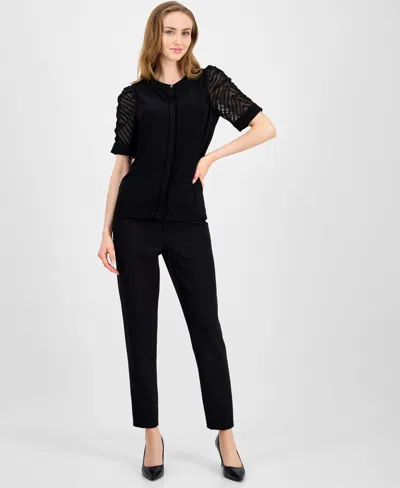 Anne Klein Petite Mixed-media Elbow-sleeve Hidden-placket Top In Multi