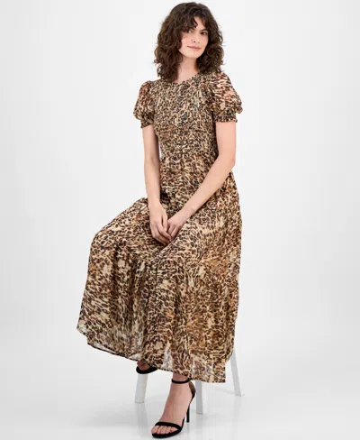 Anne Klein Petite Smocked Animal-print Maxi Dress In Brown