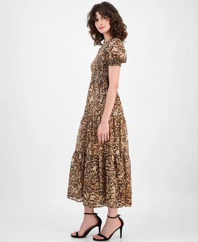 Anne Klein Petite Smocked Animal-print Maxi Dress In Brown