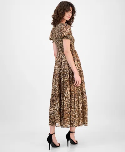 Anne Klein Petite Smocked Animal-print Maxi Dress In Brown