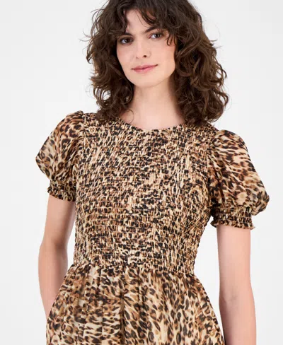 Anne Klein Petite Smocked Animal-print Maxi Dress In Brown