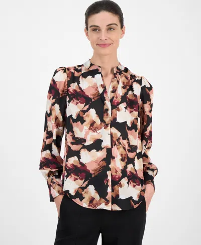 Anne Klein Petite Printed V-neck Long-sleeve Blouse In Multi