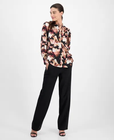 Anne Klein Petite Printed V-neck Long-sleeve Blouse In Multi