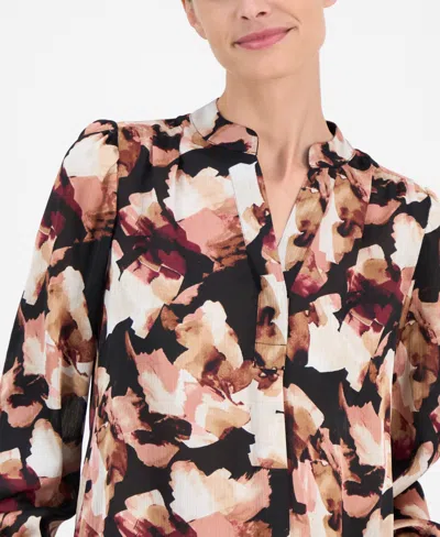 Anne Klein Petite Printed V-neck Long-sleeve Blouse In Multi