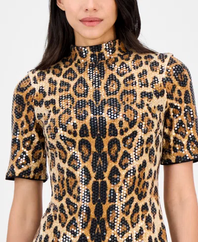 Anne Klein Petite Short Sleeve Sequin Cheetah Print Midi Dress In Animal Print