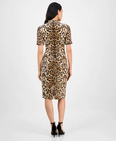 Anne Klein Petite Short Sleeve Sequin Cheetah Print Midi Dress In Animal Print