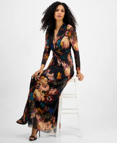 Anne Klein Petite Twist Front Mesh V-neck Maxi Dress In Multi