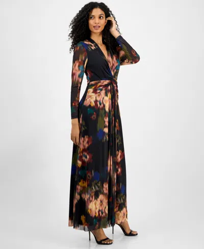 Anne Klein Petite Twist Front Mesh V-neck Maxi Dress In Multi