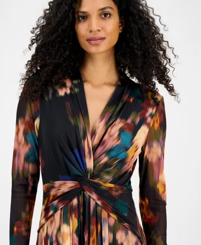 Anne Klein Petite Twist Front Mesh V-neck Maxi Dress In Multi