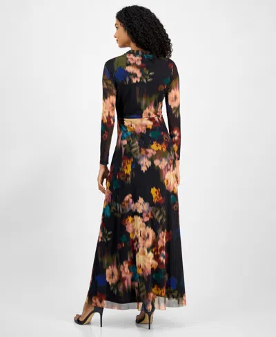 Anne Klein Petite Twist Front Mesh V-neck Maxi Dress In Multi