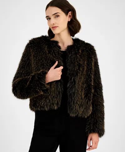 Anne Klein Petite Faux-fur Cropped Open-front Jacket In Brown