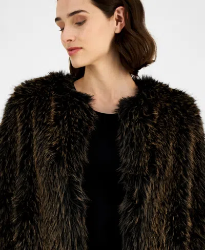 Anne Klein Petite Faux-fur Cropped Open-front Jacket In Brown