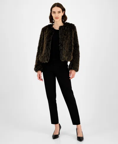 Anne Klein Petite Faux-fur Cropped Open-front Jacket In Brown