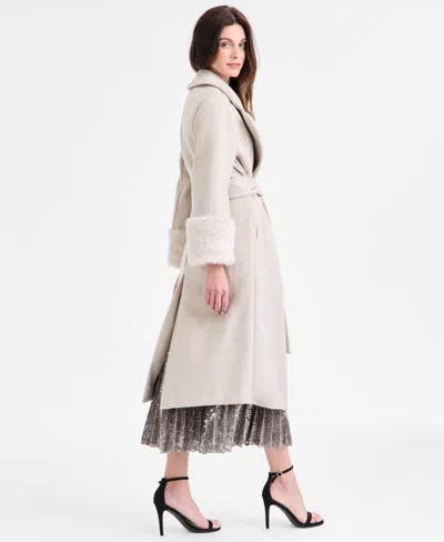 Anne Klein Petite Faux-fur-cuff Tie-front Coat In Neutral